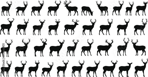 Comprehensive collection of detailed black deer silhouettes featuring bucks with antlers and does in various poses, isolated on a white background for vector graphic design.