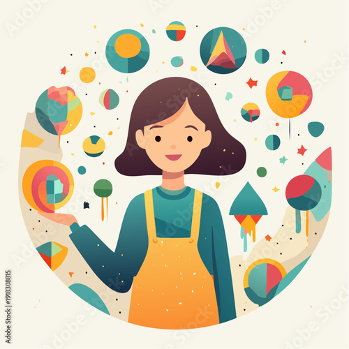 A cheerful cartoon illustration of a young woman in yellow overalls, holding a colorful orb, surrounded by abstract geometric shapes and celestial elements in a vibrant circular composition