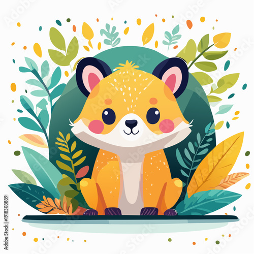 Cute cartoon fox illustration surrounded by vibrant foliage and leaves, perfect for children's books and nature-themed designs