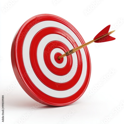 A red and white archery target with an arrow perfectly centered