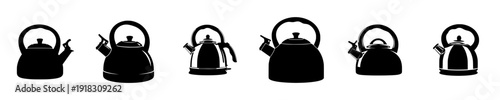 A set of different types of kettles, black, fin, illustration, profile, surfboard, wetsuit, against transparent background
