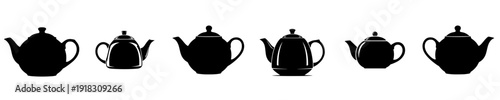A set of teapots in varying shapes and sizes, black, illustration, jug, kitchenware, pottery, profile, row, tea pot, urn, vase, vessel, against transparent background