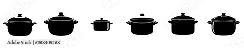 A set of six black silhouettes of trash cans with lids and handles, bin, black, bottle, can, illustration, lid, profile, shaker, spray, spray can, against transparent background
