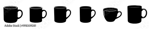 A set of coffee mugs arranged in a row, black, cylinder, fountain pen, illustration, ink, liquid, mark, office supply, pen, pole, profile, tool, tube, against transparent background