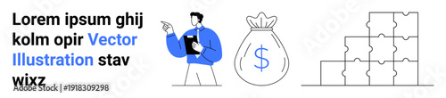 Business planning, financial growth, teamwork, investment management, corporate solutions, strategic planning. A professional with a clipboard, money bag and puzzle pieces. Business planning
