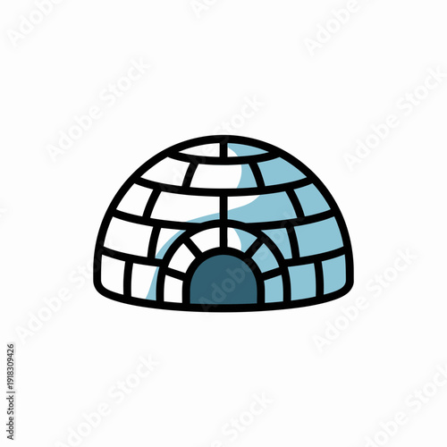 A cartoon igloo with a blue and white ice block design on a plain background
