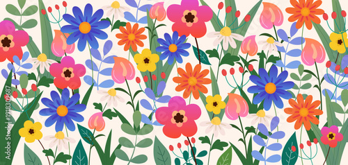 Bright floral vector with orange, blue, and yellow flowers on light background. Flat seamless botanical design
