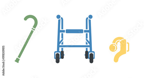 A blue walker with a green cane and a yellow hearing aid