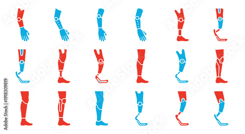 Collection of various leg and foot illustrations in red and blue