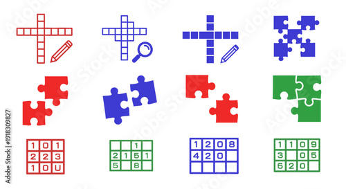 Colorful puzzle pieces and crosswords