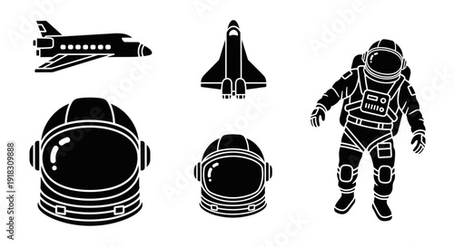 Black and white astronaut space suit with helmet and spacecraft icons