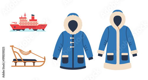 Winter clothing and sled with a ship in the background