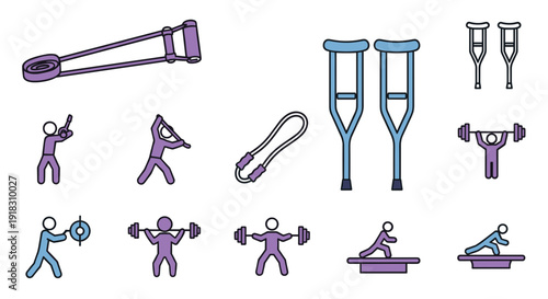 Various fitness and exercise icons in purple and blue hues