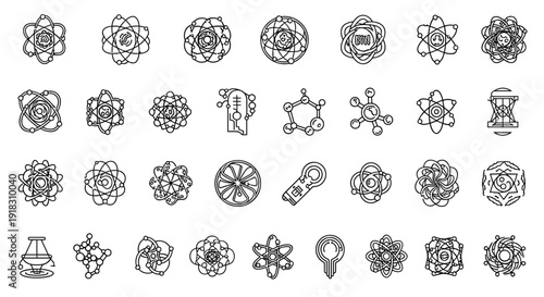 Black and white line drawings of various science symbols
