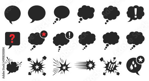 Collection of various comic speech bubbles and explosion effects