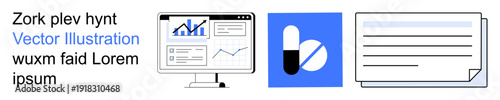 Business analytics, healthcare management, information systems, corporate tools, professional reporting, pharmaceutical tracking. Graphs on a monitor, capsule icon document outline. Business