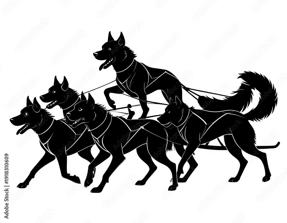 Fototapeta premium Black silhouette of five dogs pulling a sled, isolated on white background