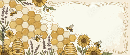 Vintage Beekeeping Banner Illustration with Honeycomb Pattern, Bees, Sunflowers, and Lavender; Hand-Drawn Rustic Background with Copy Space for Honey Production, Organic Farming, and Nature.
