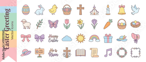 Collection of 36 Easter Greeting Vector Icons in Flat Design with Pastel Colors. Features Bunny, Decorated Eggs, Chick, Cross, Church, Spring Flowers, Lamb, Butterfly, Rainbow, and Religious Symbols.