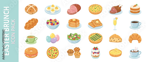 24 Easter Brunch Food Icons in Flat Design Vector Style. Features Hot Cross Buns, Deviled Eggs, Ham, Pancakes, Waffles, Quiche, Coffee, Croissants, Muffins, and Festive Spring Breakfast Illustrations.