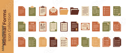 Minimal Forms and Documents Icon Collection in Flat Design. Set of Vector Icons Featuring Clipboards, Folders, Envelopes, Tax Forms, Contracts, and Checklists in Warm Earthy Earth Tones.