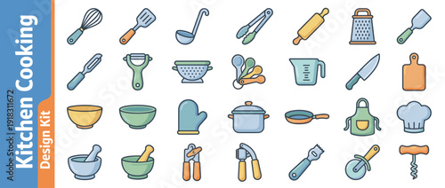 Vector Icon Set of 24 Kitchen Cooking Utensils in Flat Design Style with Playful Rounded Shapes. Includes Whisk, Spatula, Ladle, Tongs, Rolling Pin, Grater, Knife, Pot, Pan, Apron, Chef Hat, and
