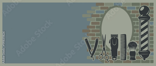 Vintage Barber Shop Panoramic Vector Banner with Silhouettes of Professional Hairdressing Tools, Scissors, Straight Razor, Comb, Clipper, and Barber Pole on Brick Wall with Ample Copy Space.