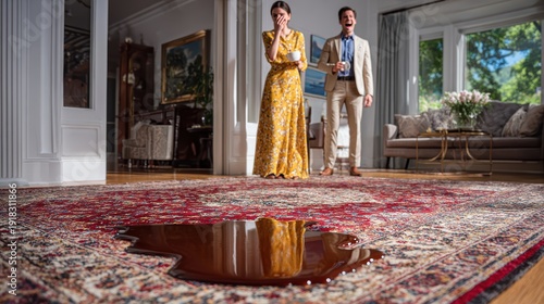 luxury interior design, a staged spill on a luxurious persian rug in a sunlit living room, with a woman feigning horror and a man laughing richly colored and sharply focused
