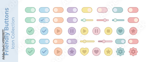 Vector set of 36 friendly UI buttons and toggles in flat design with soft pastel colors. Includes switches, sliders, checkmarks, play, pause, heart, star, and gear icons for web and app design.