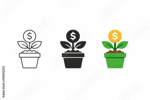 Growth icon concepts featuring potted dollar symbol plant