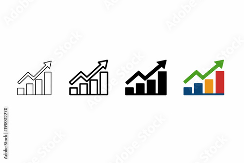 Growth trend: four icon variants of increasing bar chart with arrow