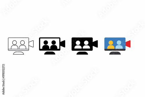 Video conference icons: diverse styles in black, white, and color variations