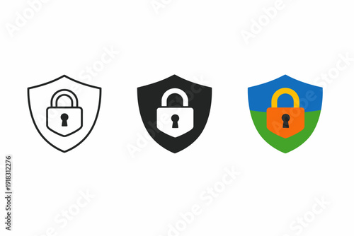 Set of three lock icon variations on shields for security and protection