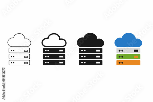 Cloud server icon set featuring black white and color variations