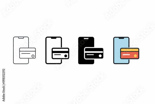 Smartphone payment icons featuring credit cards in various styles