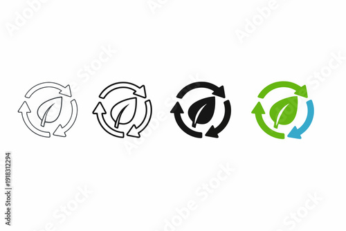 Sustainable recycling icons with leaf and arrows in various colors and styles