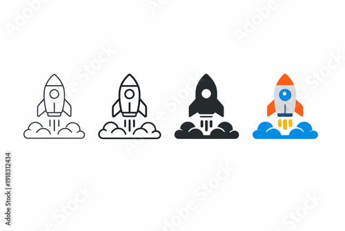 Set of four rocket icons in line and filled styles