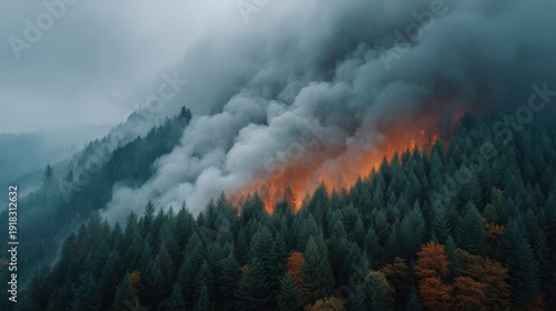 Intense Forest Fire with Smoke and Flames Erupting in Lush Green Pine Trees During Overcast Sky in Mountainous Landscape