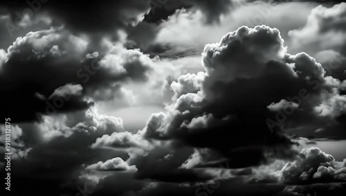 Dramatic black and white photograph capturing intense cumulonimbus storm clouds dominating the overcast sky with high contrast sunlight peeking through the heavy vapor formations