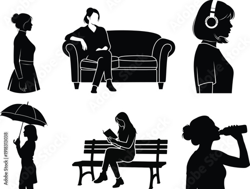 Silhouette illustrations of people in various poses and settings