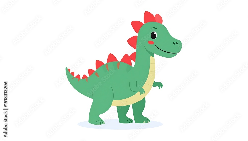 Fototapeta premium Cute cartoon dinosaur with green body, yellow belly, and red dorsal spines, standing against a plain white background