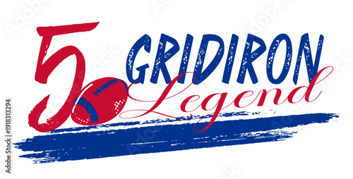 Gridiron Legend football design with Number 5  and ball in  red and royal blue . Bold artwork for sports apparel, team branding, fan merchandise and promotion