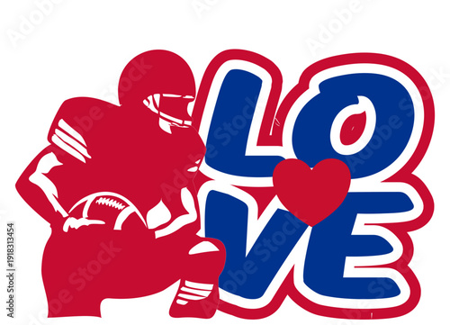 LOVE in bold  red and royal blue graffiti lettering, with a vibrant heart at the center and a football player beside it. A dynamic street art vector with sporty flair