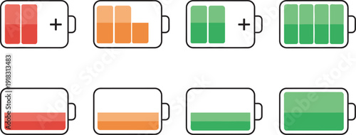 Versatile Vector Collection of Battery Icons Illustrating Various Charge Levels from Empty to Full, with Charging Indicators for Digital Displays
