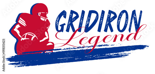 This gridiron legend football design features a player and ball in striking red and blue.  The bold artwork is perfect for sports apparel team branding fan merchandise and promotion.