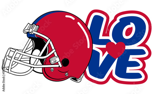 LOVE in bold  red and royal blue graffiti lettering, with a vibrant heart at the center and a football helmet beside it. A dynamic street art vector with sporty flair