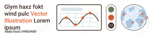 Data analytics, global trends, performance tracking, statistics reports, business insights, decision-making. Line graph with dots, emotion feedback and global map. Data analytics and global trends