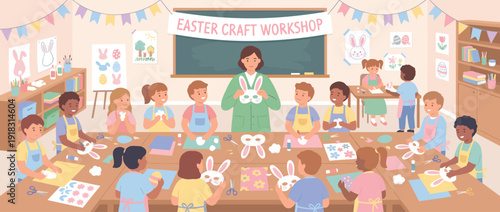 Playful flat vector illustration of a classroom Easter craft workshop where a teacher and diverse children make bunny masks and color eggs using paper, scissors, glue, and creative art supplies.