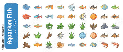 Vector Icon Set of 36 Freshwater Aquarium Fish and Plants in Flat Design. Playful Rounded Shapes Featuring Betta, Guppy, Tetra, Angelfish, Discus, Corydoras, Shrimp, Snail, and Aquatic Decor.