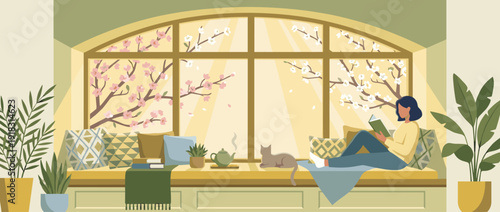 Cozy Spring Reading Nook Vector Illustration with Woman Reading Book by Large Window, Blooming Cherry Blossom Branches, Sunlight, Cat, Potted Plants, and Teapot in a Peaceful Home Interior